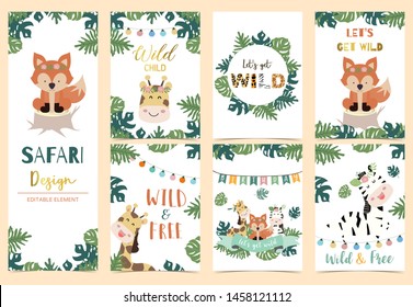 Collection of safari background set with head giraffe,fox,zebra,jungle.Editable vector illustration for birthday invitation,postcard and sticker.Wording include wild and free