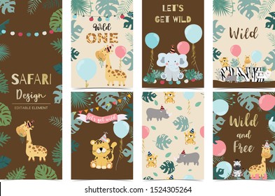 Collection of safari background set with rhino,balloon,llama,elephant,brown.Editable vector illustration for birthday invitation,postcard and sticker.Wording include wild and free