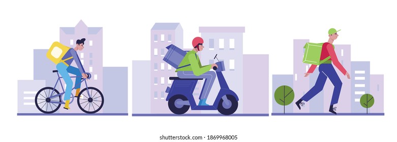 Collection of safe courier delivery. Safe courier  delivers food by bike, scooter and on foot in protective medical mask. Vector illustration design