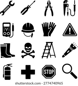 Collection of safety and construction icons featuring tools gloves warning signs and protective gear