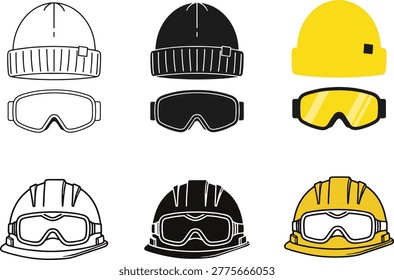 A collection of safety equipment including helmets, beanies, and goggles, presented as a clean, illustrative silhouette set.