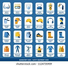 Collection of safety equipment. Set of safety and health protection signs. Mandatory construction and industry signs. Protection on work.