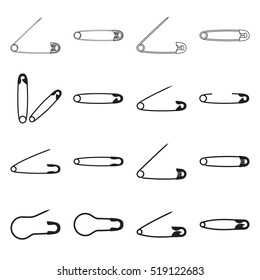 Collection of safety pin icons, plus realistic safety pins. Vector illustration
