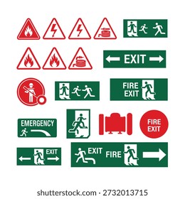 A collection of safety signs including fire exit, emergency exit, fire alarm, and electrical hazard warnings, depicting people running towards exits.