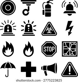 Collection of safety warning and emergency icons featuring fire extinguisher bell alarm stop sign and more