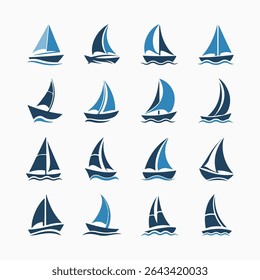 Collection of sailboat icons representing sailing voyages and marine transportation in vector format