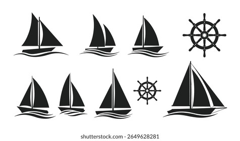 A collection of sailboat and ship wheel silhouettes illustrating maritime adventure and nautical themes
