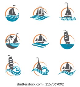 collection of sailboat and yacht icons on waves
