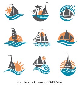 collection of sailboat and yacht icons on waves. Vector illustration