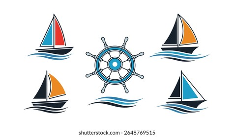 Collection of sailing boats and ships wheel illustrations for maritime and nautical themes