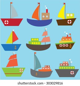 Collection of sailing ships and boats on a blue background. Vector