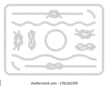 Collection of sailor knots set. Various nautical ropes and knots, circle, border, wavy string. Vintage decorative elements for sea, sailing, marine, yachting topics
