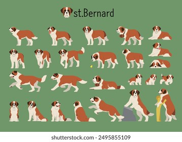 Una colección de las conductas del perro san bernard. Ilustración vectorial plana.