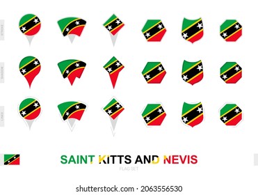 Colección de la bandera de Saint Kitts y Nevis de diferentes formas y con tres efectos diferentes. Indicador de vector establecido.