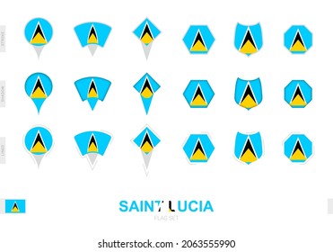 Collection of the Saint Lucia flag in different shapes and with three different effects. Vector flag set.