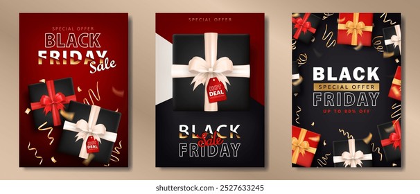 Collection of sale banners with 3d gift boxes, shiny confetti and golden text for BLACK FRIDAY event. Social Media post with party streamers and present packages with special offer for online shopping