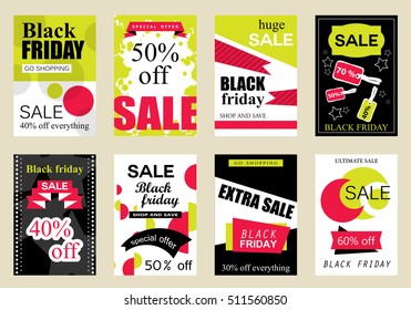 Collection of sale banners Black Friday, vector illustration. Hand drawn vintage and modern sketch placard set with lettering. For promotional material, website and mobile banners, newsletter and ads