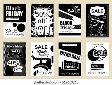 Collection of sale banners Black Friday, vector illustration. Hand drawn vintage and modern sketch placard set with lettering. For promotional material, website and mobile banners, newsletter and ads