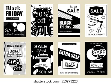 Collection of sale banners Black Friday, vector illustration. Hand drawn vintage and modern sketch placard set with lettering. For promotional material, website and mobile banners, newsletter and ads