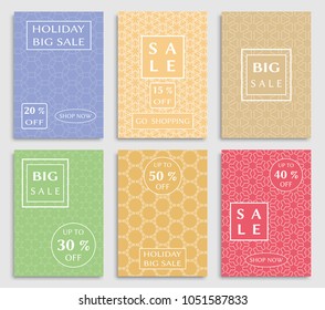 Collection of sale banners, flyers. Modern and vintage social media placard set for mobile website, posters, email and newsletter designs, ads, online shopping, promotional material. Line patterns set