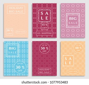 Collection of sale banners, flyers. Modern and vintage social media placard set for mobile website, posters, email and newsletter designs, ads, online shopping, promotional material. Line patterns set