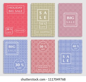 Collection of sale banners, flyers. Modern and vintage social media placard set for mobile website, posters, email and newsletter designs, ads, online shopping, promotional material. Line patterns set