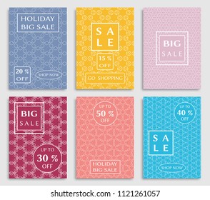 Collection of sale banners, flyers. Modern and vintage social media placard set for mobile website, posters, email and newsletter designs, ads, online shopping, promotional material. Line patterns set