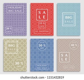Collection of sale banners, flyers. Modern and vintage social media placard set for mobile website, posters, email and newsletter designs, ads, online shopping, promotional material. Line patterns set