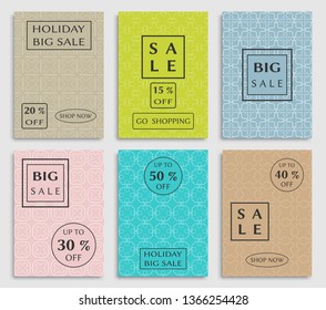 Collection of sale banners, flyers. Modern and vintage social media placard set for mobile website, posters, email and newsletter designs, ads, online shopping, promotional material. Line patterns set