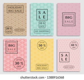 Collection of sale banners, flyers. Modern and vintage social media placard set for mobile website, posters, email and newsletter designs, ads, online shopping, promotional material. Line patterns set