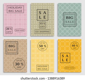 Collection of sale banners, flyers. Modern and vintage social media placard set for mobile website, posters, email and newsletter designs, ads, online shopping, promotional material. Line patterns set