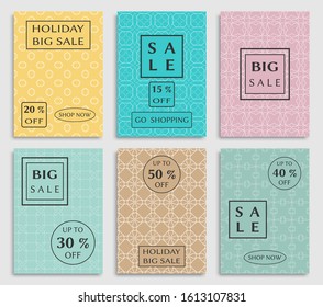 Collection of sale banners, flyers. Modern and vintage social media placard set for mobile website, posters, email and newsletter designs, ads, online shopping, promotional material. Line patterns set