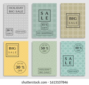 Collection of sale banners, flyers. Modern and vintage social media placard set for mobile website, posters, email and newsletter designs, ads, online shopping, promotional material. Line patterns set