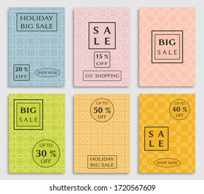 Collection of sale banners, flyers. Modern and vintage social media placard set for mobile website, posters, email and newsletter designs, ads, online shopping, promotional material. Line patterns set