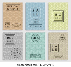Collection of sale banners, flyers. Modern and vintage social media placard set for mobile website, posters, email and newsletter designs, ads, online shopping, promotional material. Line patterns set
