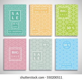 Collection of sale banners, flyers. Modern and vintage social media placard set for mobile website, posters, email and newsletter designs, ads, online shopping, promotional material. Line patterns set