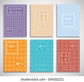 Collection of sale banners, flyers. Modern and vintage social media placard set for mobile website, posters, email and newsletter designs, ads, online shopping, promotional material. Line patterns set