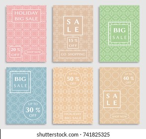 Collection of sale banners, flyers. Modern and vintage social media placard set for mobile website, posters, email and newsletter designs, ads, online shopping, promotional material. Line patterns set