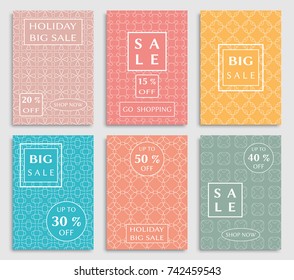 Collection of sale banners, flyers. Modern and vintage social media placard set for mobile website, posters, email and newsletter designs, ads, online shopping, promotional material. Line patterns set