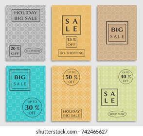 Collection of sale banners, flyers. Modern and vintage social media placard set for mobile website, posters, email and newsletter designs, ads, online shopping, promotional material. Line patterns set