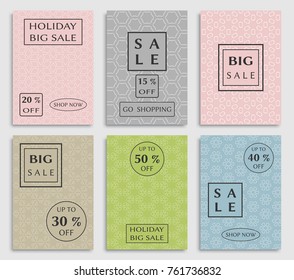 Collection of sale banners, flyers. Modern and vintage social media placard set for mobile website, posters, email and newsletter designs, ads, online shopping, promotional material. Line patterns set
