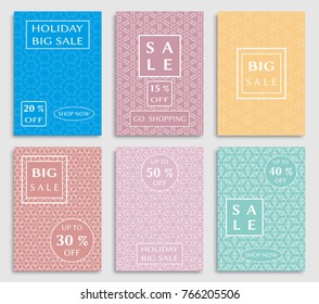 Collection of sale banners, flyers. Modern and vintage social media placard set for mobile website, posters, email and newsletter designs, ads, online shopping, promotional material. Line patterns set