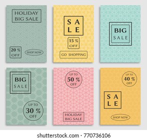 Collection of sale banners, flyers. Modern and vintage social media placard set for mobile website, posters, email and newsletter designs, ads, online shopping, promotional material. Line patterns set