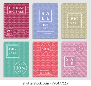 Collection of sale banners, flyers. Modern and vintage social media placard set for mobile website, posters, email and newsletter designs, ads, online shopping, promotional material. Line patterns set