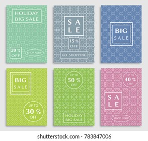 Collection of sale banners, flyers. Modern and vintage social media placard set for mobile website, posters, email and newsletter designs, ads, online shopping, promotional material. Line patterns set