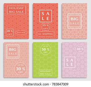 Collection of sale banners, flyers. Modern and vintage social media placard set for mobile website, posters, email and newsletter designs, ads, online shopping, promotional material. Line patterns set