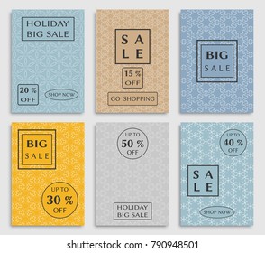 Collection of sale banners, flyers. Modern and vintage social media placard set for mobile website, posters, email and newsletter designs, ads, online shopping, promotional material. Line patterns set