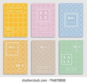 Collection of sale banners, flyers. Modern and vintage social media placard set for mobile website, posters, email and newsletter designs, ads, online shopping, promotional material. Line patterns set