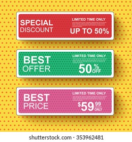 Collection sale banners in pop art style. Can be used for e-commerce, e-shopping, flyers, posters, web design and printed materials.
