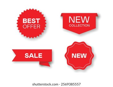 Collection of sale banners in red style. Sale labels banners. Red ribbons, Tags and stickers. Discount and promotion banners. Vector illustration.